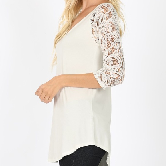 Zenana Outfitters Tops - LUXE RAYON LACE SLEEVE V-NECK DOLPHIN HEM TOP